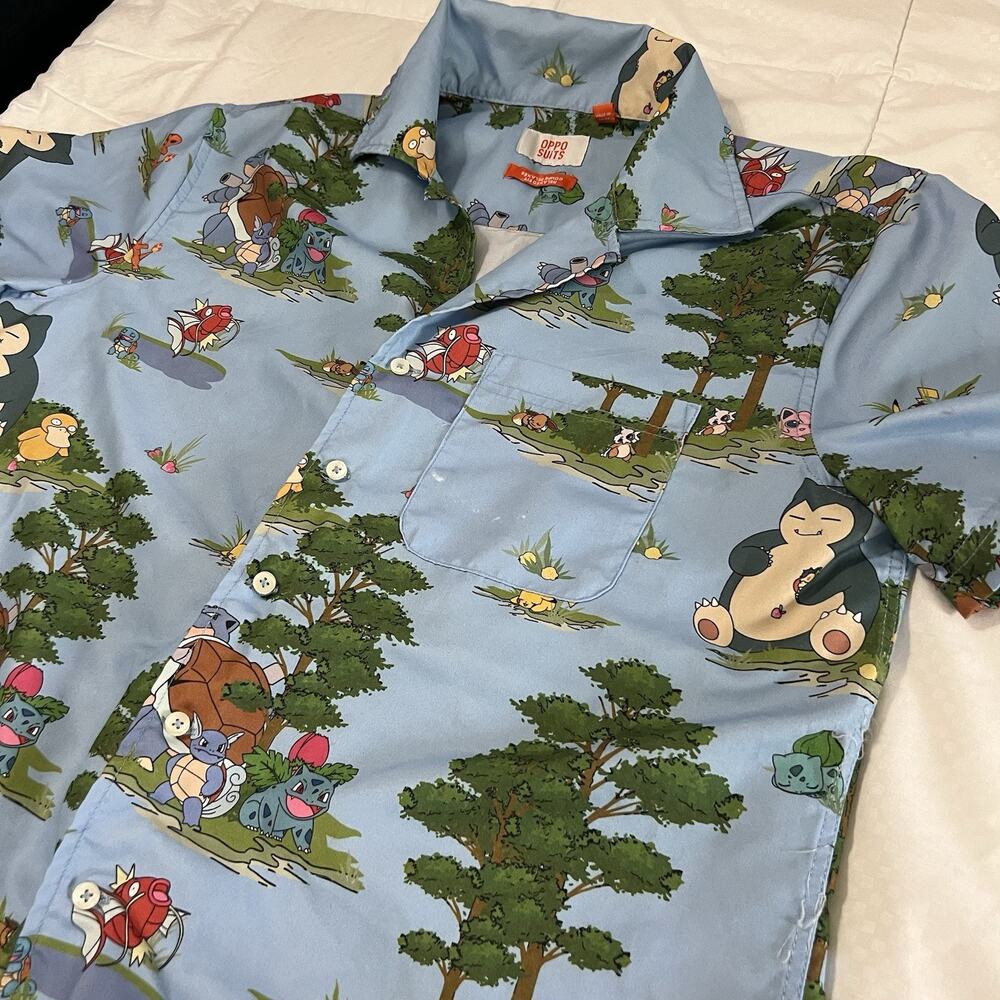 OppoSuits Pokémon Men's Short Sleeve Shirt Small Blue Forest Print Button Up - Picture 4 of 16